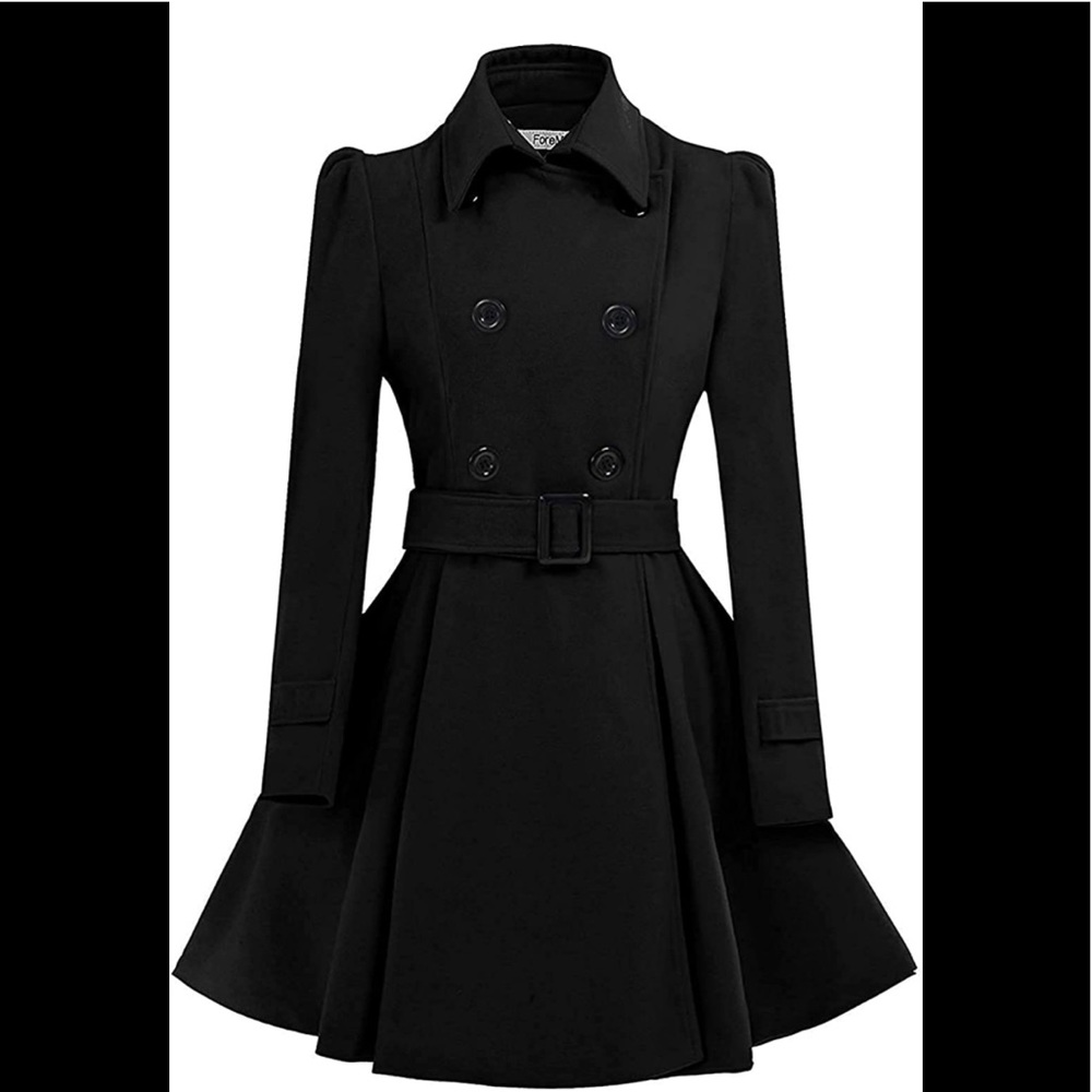 ForeMode Women Swing Double Breasted Wool Pea Coat with Belt Buckle size large